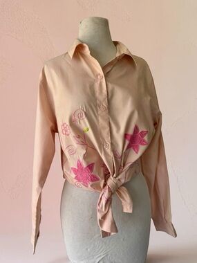 Vtg 90s Haband Pink Embroidered Floral Button Up Shirt Sz M Pastel Cottage Boho